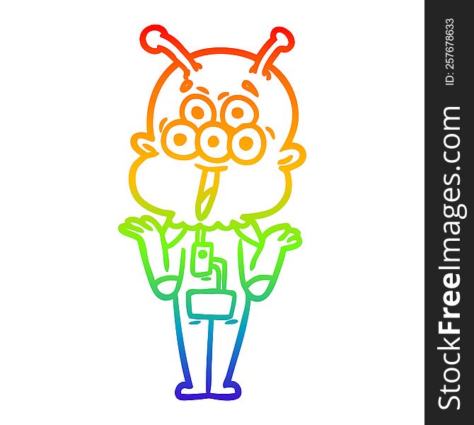 Rainbow Gradient Line Drawing Happy Cartoon Alien Shrugging Shoulders