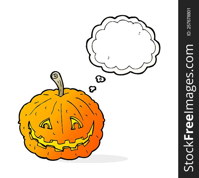 cartoon grinning pumpkin with thought bubble