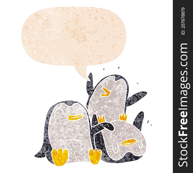 cartoon penguins with speech bubble in grunge distressed retro textured style. cartoon penguins with speech bubble in grunge distressed retro textured style