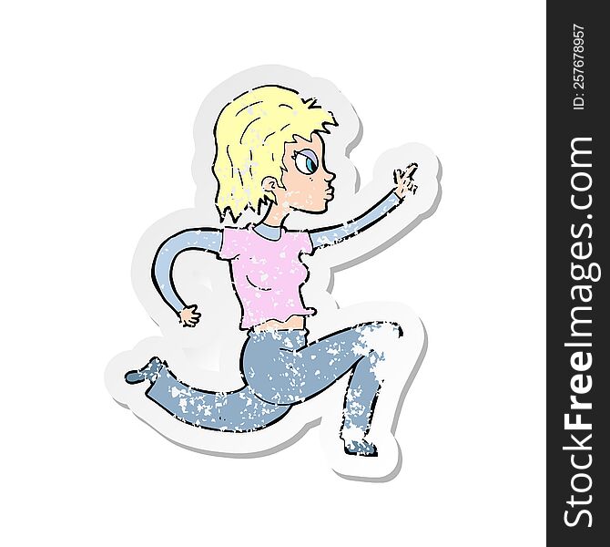 retro distressed sticker of a cartoon woman running and pointing