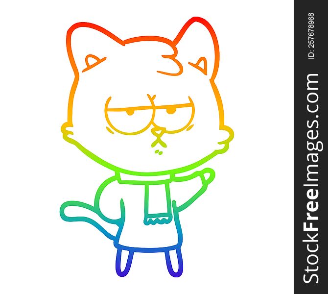 rainbow gradient line drawing of a bored cartoon cat in winter clothes