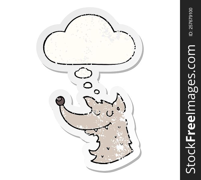 cartoon wolf with thought bubble as a distressed worn sticker