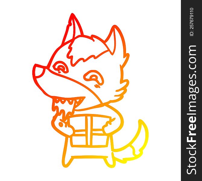 Warm Gradient Line Drawing Cartoon Hungry Wolf Holding Christmas Present