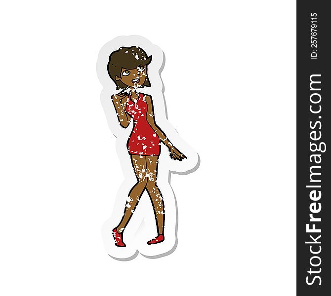 Retro Distressed Sticker Of A Cartoon Woman In Cocktail Dress
