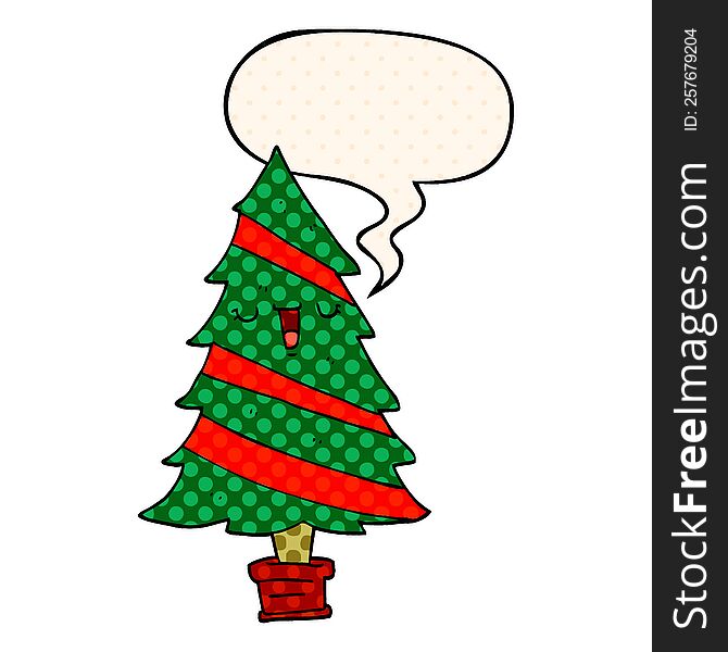 Cartoon Christmas Tree And Speech Bubble In Comic Book Style