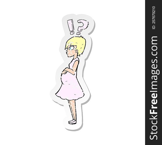 retro distressed sticker of a cartoon confused pregnant woman