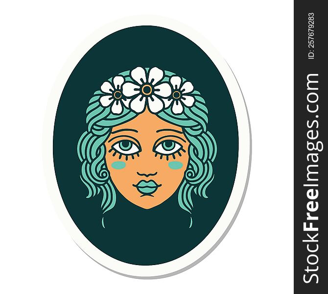 sticker of tattoo in traditional style of a maiden with flowers in her hair. sticker of tattoo in traditional style of a maiden with flowers in her hair