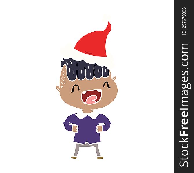 hand drawn flat color illustration of a happy boy laughing wearing santa hat