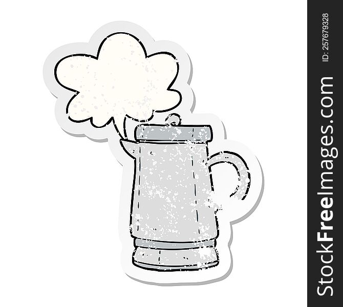 cartoon old metal kettle and speech bubble distressed sticker