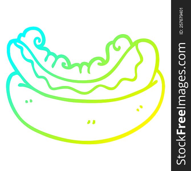 cold gradient line drawing of a cartoon hotdog in a bun