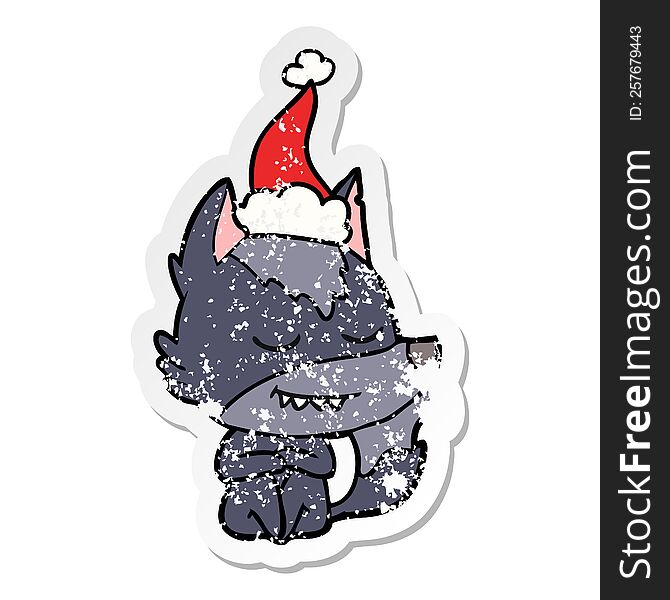 friendly hand drawn distressed sticker cartoon of a wolf sitting wearing santa hat