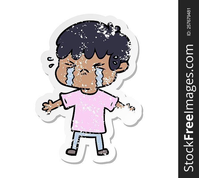 distressed sticker of a cartoon boy crying