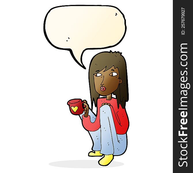 Cartoon Woman Sitting With Cup Of Coffee With Speech Bubble