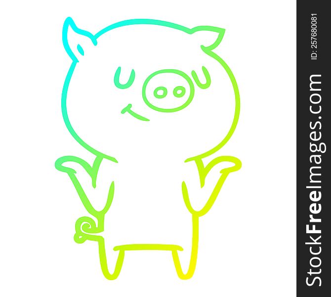 cold gradient line drawing of a happy cartoon pig