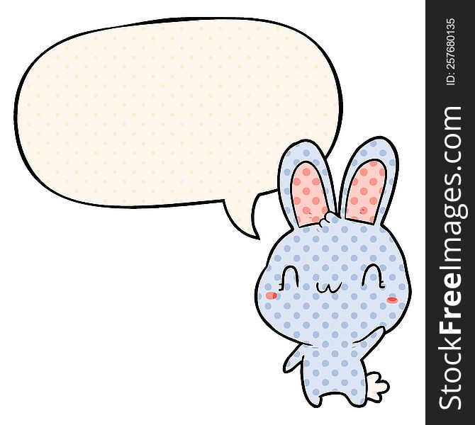 Cute Cartoon Rabbit Waving And Speech Bubble In Comic Book Style