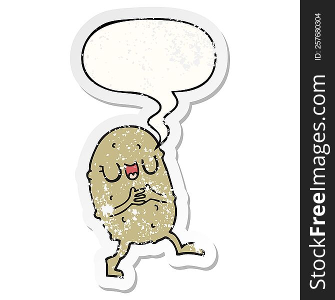 cartoon happy potato with speech bubble distressed distressed old sticker. cartoon happy potato with speech bubble distressed distressed old sticker