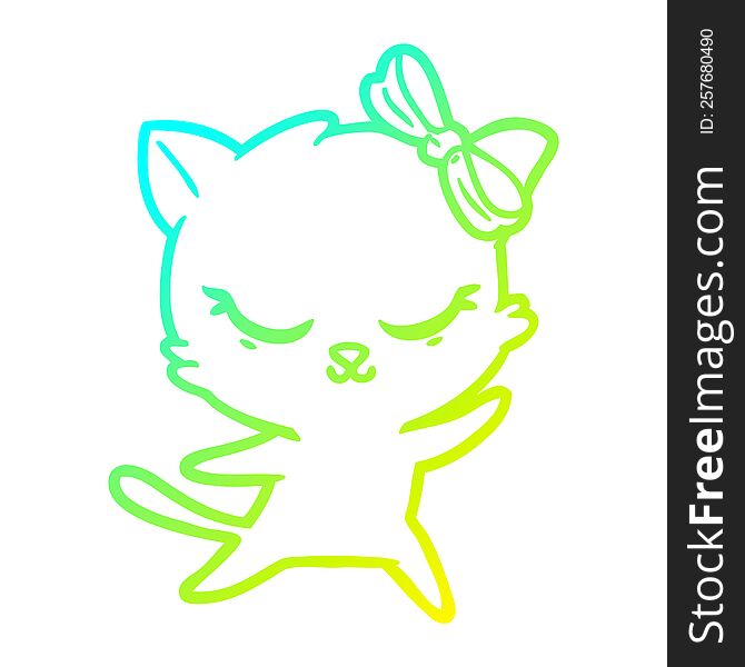 cold gradient line drawing of a cute cartoon cat with bow