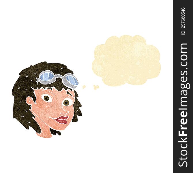 cartoon happy woman wearing aviator goggles with thought bubble