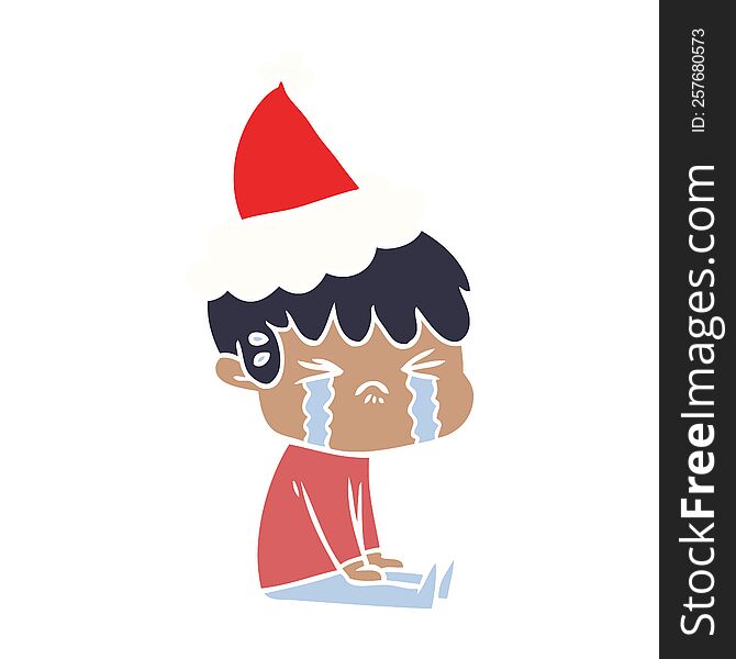 hand drawn flat color illustration of a boy crying wearing santa hat