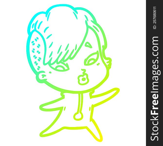 cold gradient line drawing of a cartoon surprised girl in science fiction clothes