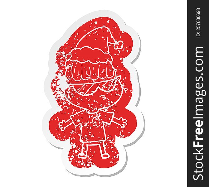 cartoon distressed sticker of a boy wearing sunglasses wearing santa hat