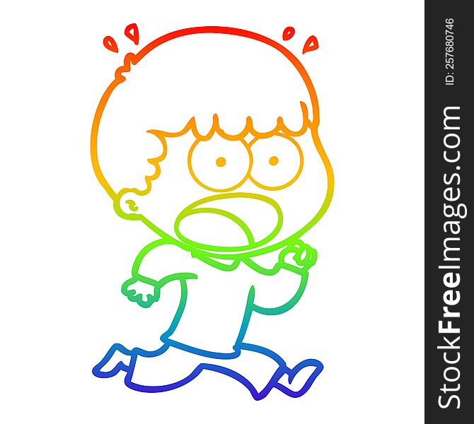 rainbow gradient line drawing of a cartoon shocked man running away