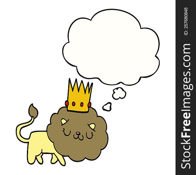 cartoon lion with crown with thought bubble. cartoon lion with crown with thought bubble