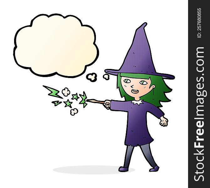 Cartoon Witch Girl Casting Spell With Thought Bubble