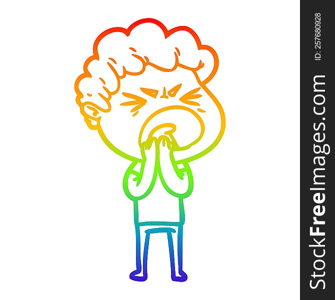 rainbow gradient line drawing of a cartoon furious man