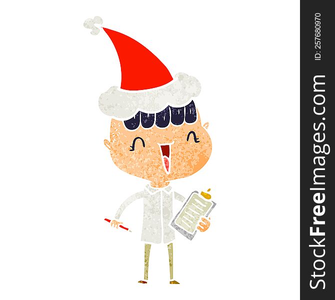 hand drawn retro cartoon of a happy boy surprised wearing santa hat