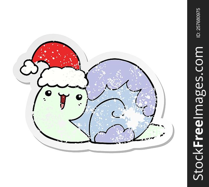 Distressed Sticker Of A Cute Cartoon Christmas Snail