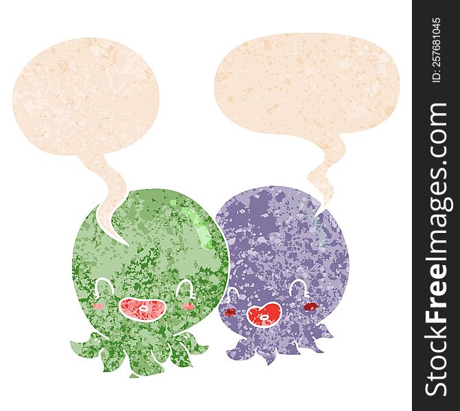 Two Cartoon Octopi  And Speech Bubble In Retro Textured Style