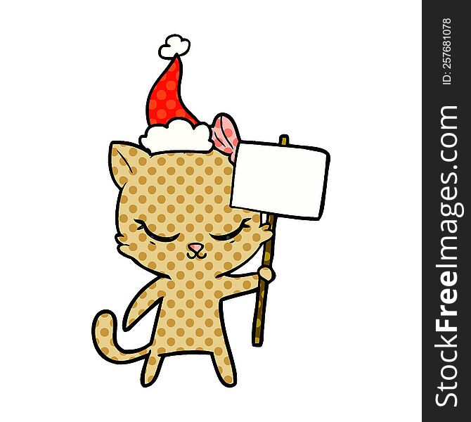 Cute Comic Book Style Illustration Of A Cat With Sign Wearing Santa Hat