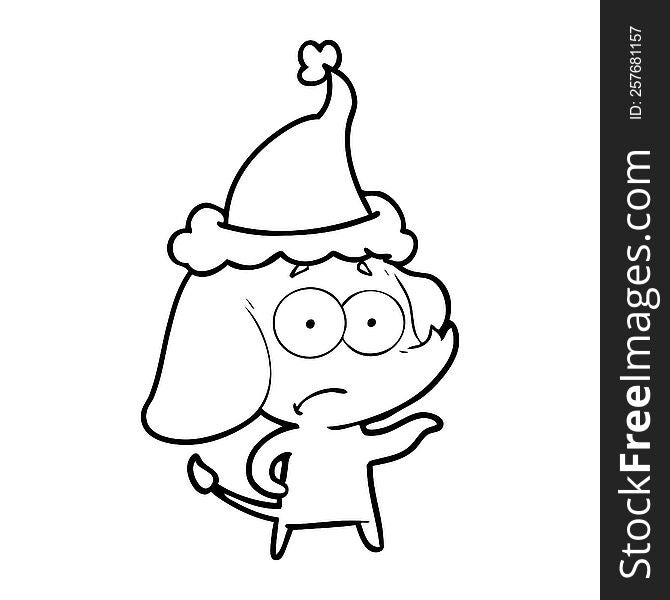 hand drawn line drawing of a unsure elephant wearing santa hat