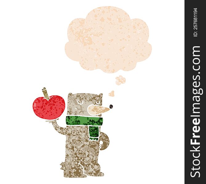Cartoon Bear With Apple And Thought Bubble In Retro Textured Style