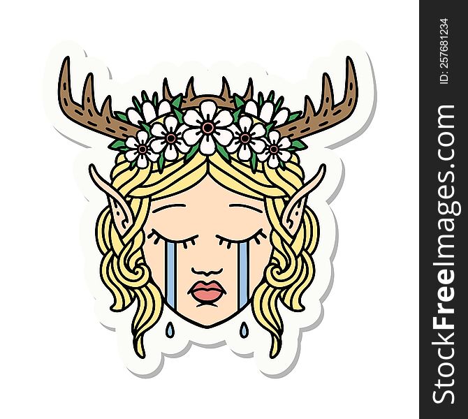 sticker of a crying elf druid character face. sticker of a crying elf druid character face