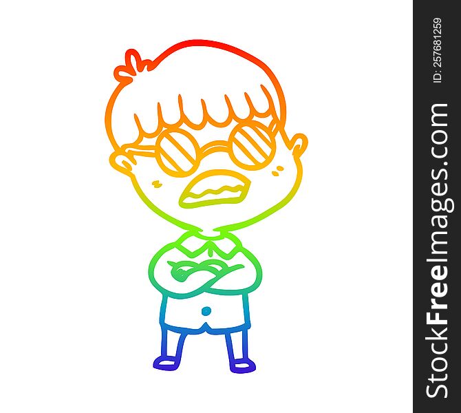 rainbow gradient line drawing of a cartoon boy with crossed arms wearing spectacles