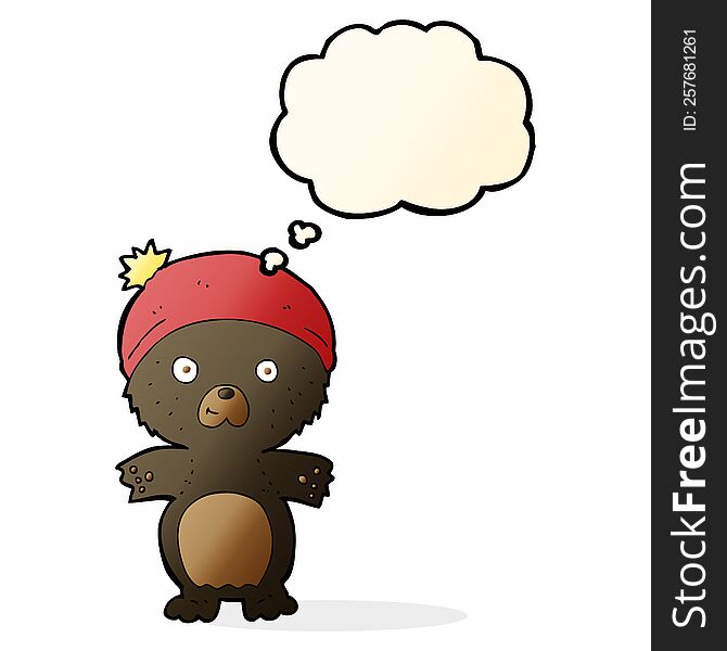 Cartoon Cute Black Bear In Hat With Thought Bubble