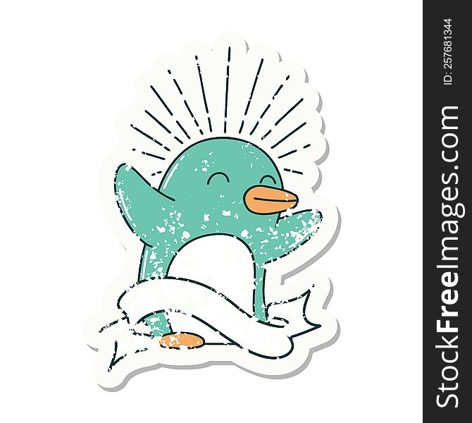 Grunge Sticker Of Tattoo Style Happy Penguin