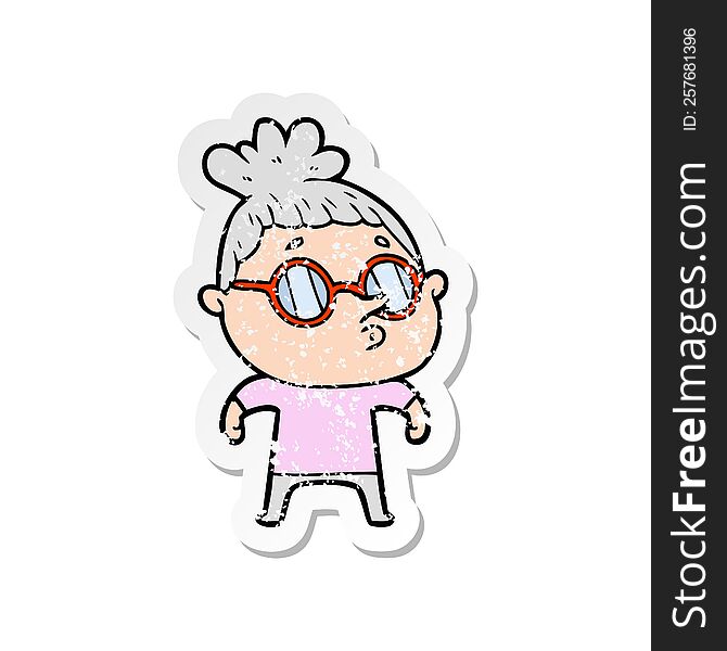 distressed sticker of a cartoon woman wearing glasses