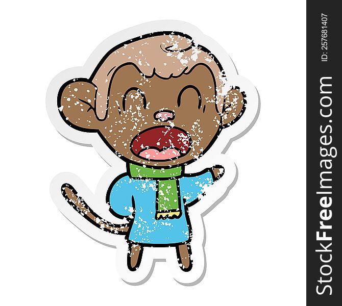 distressed sticker of a shouting cartoon monkey wearing scarf