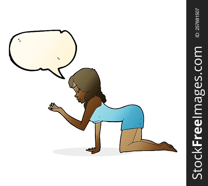 cartoon woman on all fours with speech bubble