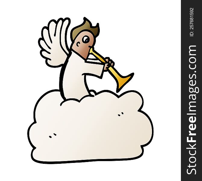 cartoon doodle angel on cloud with trumpet