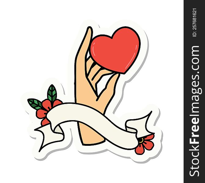 tattoo style sticker with banner of a hand holding a heart