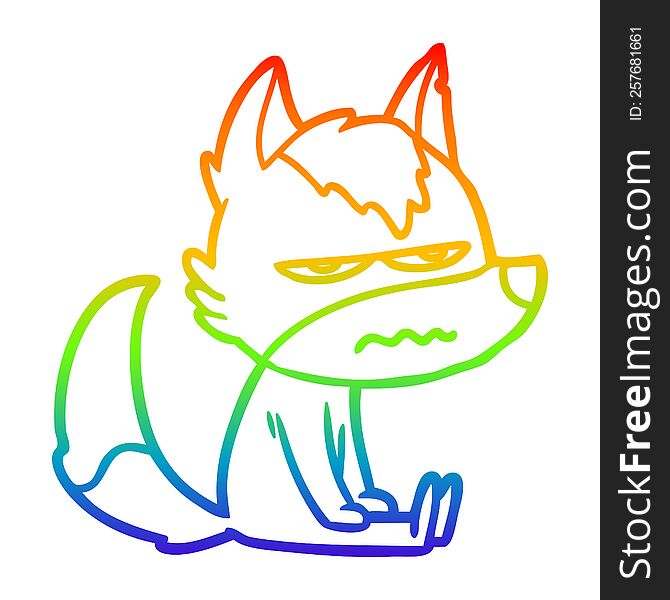 rainbow gradient line drawing of a cartoon annoyed wolf
