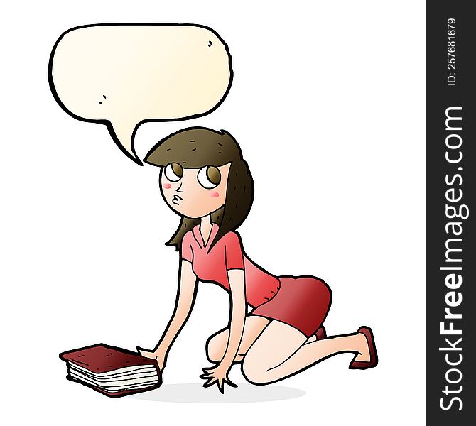 cartoon girl picking up book with speech bubble