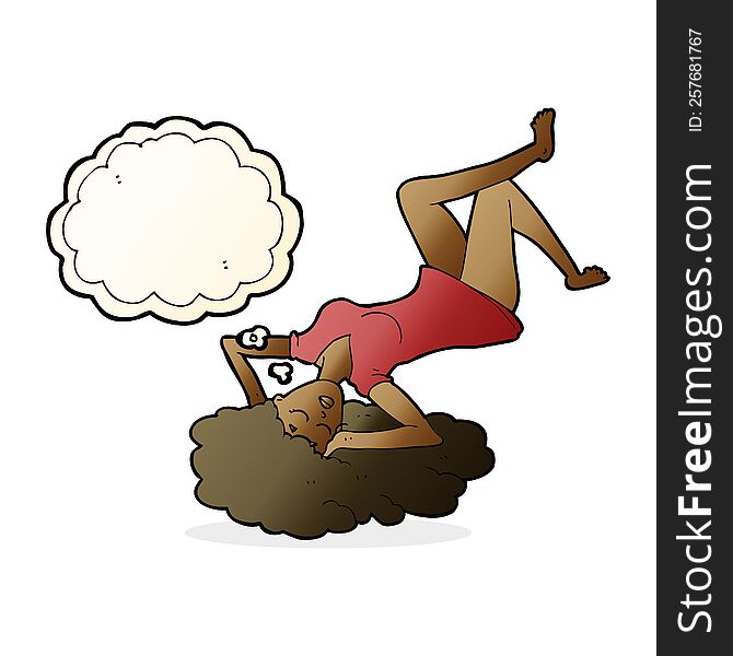 cartoon woman lying on floor with thought bubble