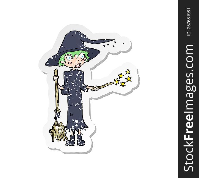 Retro Distressed Sticker Of A Cartoon Witch Casting Spell