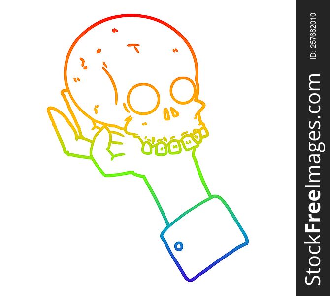 rainbow gradient line drawing of a cartoon hand holding skull