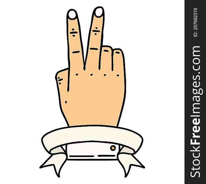 Retro Tattoo Style victory v hand gesture with banner. Retro Tattoo Style victory v hand gesture with banner